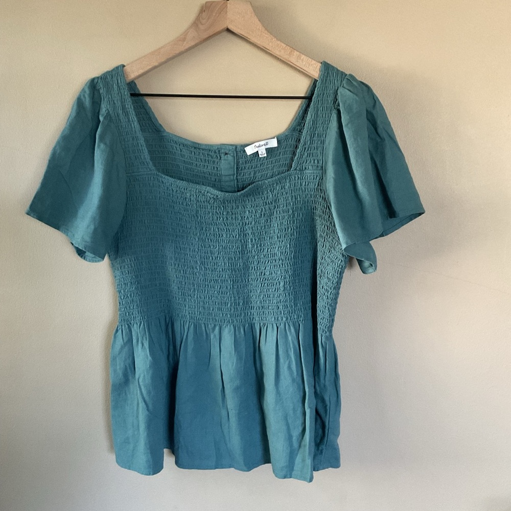 Madewell Linen Blend Smocked Peplum Blouse Teal Size Large - Picture 2 of 8